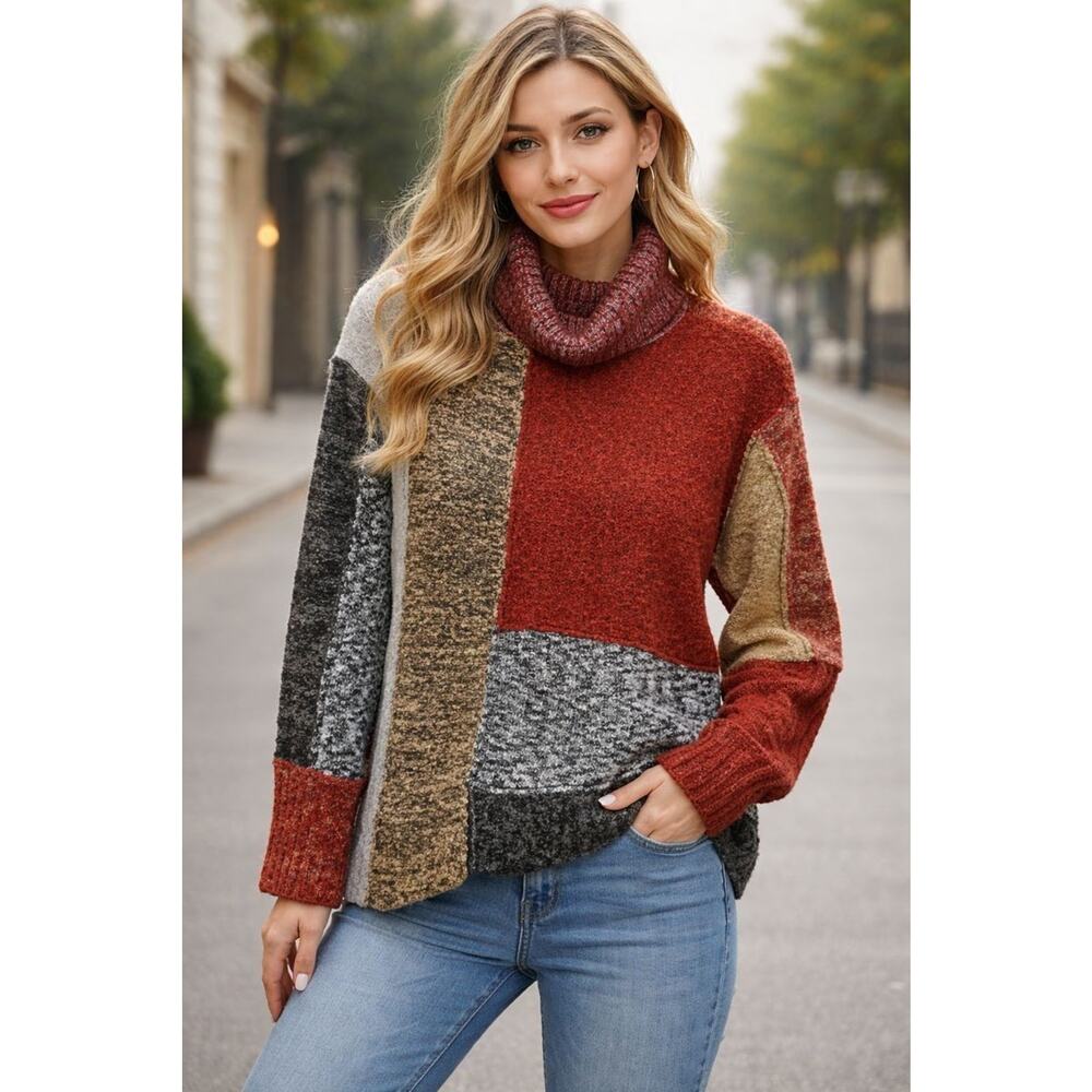 VINTAGE CURIO ANTHROPOLOGIE Womens Patchwork Wool Blend Turtleneck Sweater M 90s